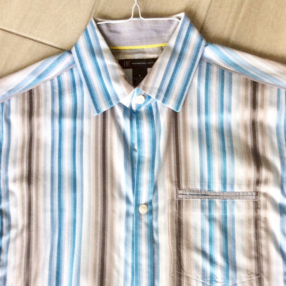 INC Striped Cuffed Button Down Shirt Blue S